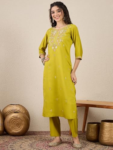 Image of VredeVogel Women's Beads Embroidered Silk Blend Kurta Pant Set with Organza Dupatta | Perfect for Festive & Casual Ethnic Kurta Set for Women