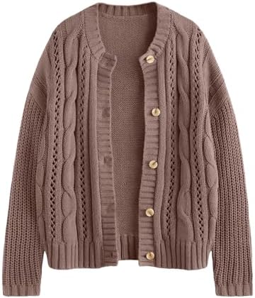 LILLUSORY Women's Cardigan Sweaters Cable Knit Crochet Cotton Fall Jackets Button Up Chunky Trendy Outfits Nutmeg XL