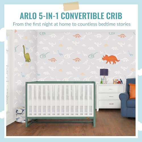 Image of Dream On Me Arlo 5-in-1 Convertible Full-Size Baby Crib in Jungle Green, GreenGuard Gold & BSA, Converts to Toddler, Day & Full-Size Bed, 3 Mattress Heights, Non-Toxic Finish, Sustainable Pinewood