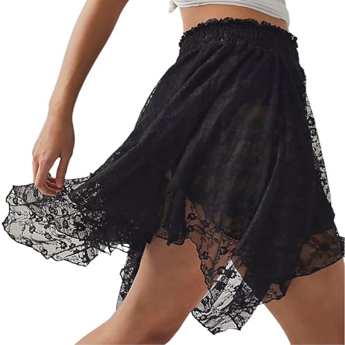 Image of Women's Y2k Lace Half Slip Skirt Low Rise Pleated Ruffle LaceTrim Mini Skirt Layered Flowy Short Skirts Underskirt