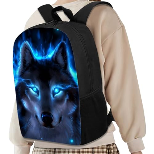 Binienty Schulrucksack für Kinder, Jungen, Mädchen, Teenager, leicht, für Bücher, Laptop, lässiger Tagesrucksack, Blauer Wolf, Einheitsgröße