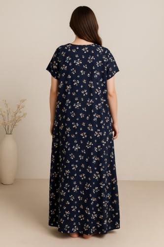 Image of Bahumaan Pure Cotton Nighty for Woman | Floral Gown for Women Night Wear with Pocket | Cotton Nighty for Women Stylish | Maxi for Women Cotton (Navy Blue & Dark Pink, XL-Bust-46)