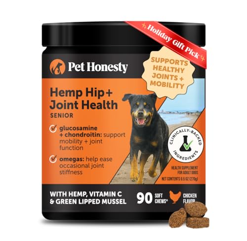 Senior Hemp Hip & Joint Supplement for Dogs - Dog Joint Supplement with Hemp Oil & Powder, Glucosamine, Collagen, MSM & Green Lipped Mussel - Mobility for Senior Dogs (Chicken 90)