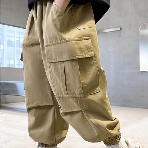 Boys Cargo Pants Casual Elastic Waist Pull On Trousers with Multi Pocket Soft Comfy Fashion Solid Color Outfits 8-14Y2