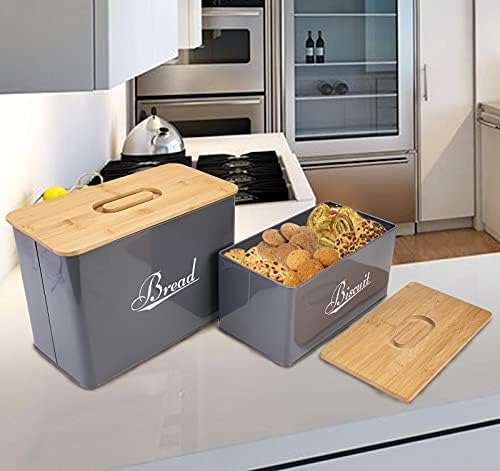 Bread bin and Biscuit tin Set,Large Dimensions Set of 2 Storage Canisters,Oval Kitchen Storage Set with Wooden Lids,Black
