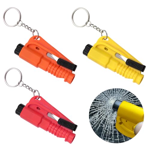 VEGCOO 3 Stück Auto-Sicherheits-Schlüsselanhänger, Notfallglasbrecher, Gurtschneider, Notfallpfeife, Fensterbrecher und Sicherheitsgurtschneider und Überlebenspfeifen 3-in-1-Multitool