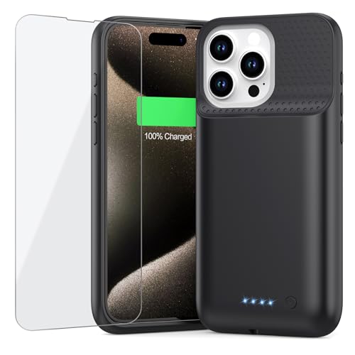 QTshine Battery Case for iPhone 15 Pro Max [2025 Upgraded] 8600mAh Battery Charging Case Anti-Fall Protection Rechargeable Extended Charger Cover for iPhone 15 Pro Max (6.7inch) Black