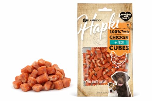 Snack per cani - Bastoncini per cani - Flamingo Hapki Bocconcini con pollo e pesce - 85 g - senza zuccheri aggiunti