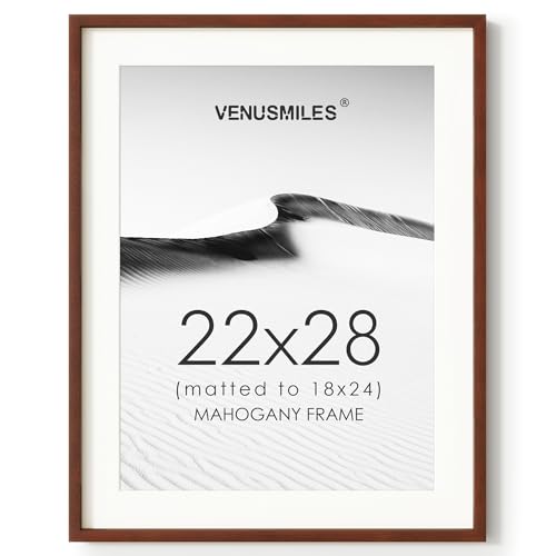 Image of 22x28 Poster Frame, USA-Sourced Natural Mahogany Wood Picture Collage Frame with HD Tempered Glass, Modern Simple 22 x 28 Wooden Photo Frame Matted to 18x24, Vertical & Horizontal Wall Hanging Display