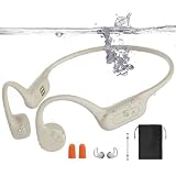 Roujune Bone Conduction Headphones IPX8 Waterproof Swimming Headphones Open Ear Headphones with MP3 Mode 32GB Memory 8H Playtime Bluetooth 5.4 Ear Buds Secure Fit for Running and Fitness (Apricot)