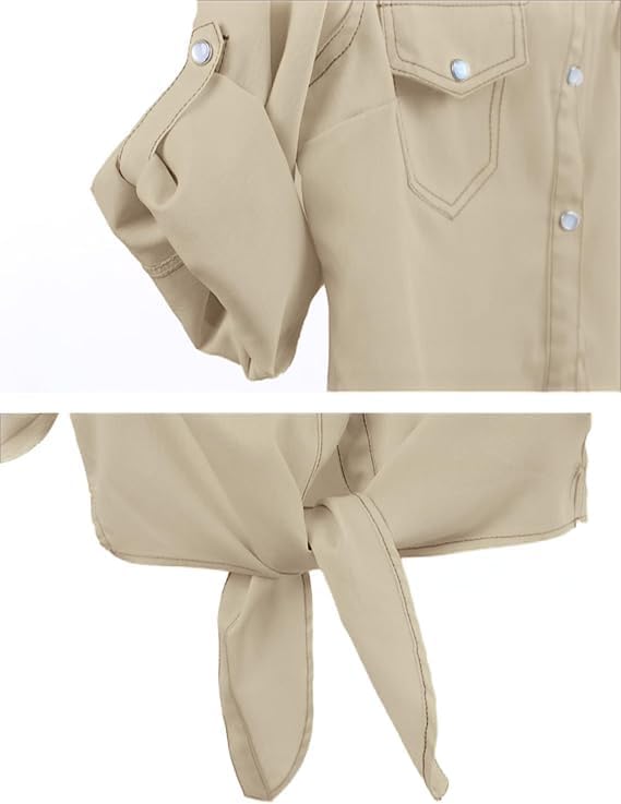 AMEBELLE Women's Roll Up 3/4 Sleeve Tie Front Knot Shirt Chambray Denim Crop Top - Image 4