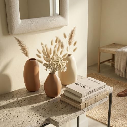 Image of KREATIVE ART'S Handmade Ceramic Bud Vase Set of 3 for Pampas Grass & Dried Flowers - Matte Minimalist Vases for Living Room, Dining Table, Office Decor | Housewarming Gift, Cream /Terracotta /Brown