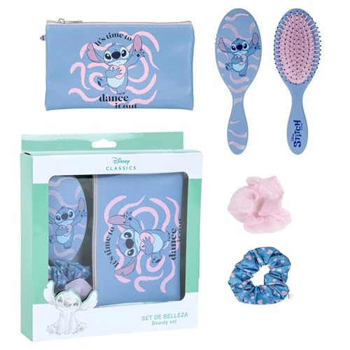 Disney Ensemble d'accessoires de beauté pour cheveux Stitch pour filles - Brosse à cheveux + Trousse de maquillage + 2 élastiques - Ensemble cadeau de 4 pièces Stitch