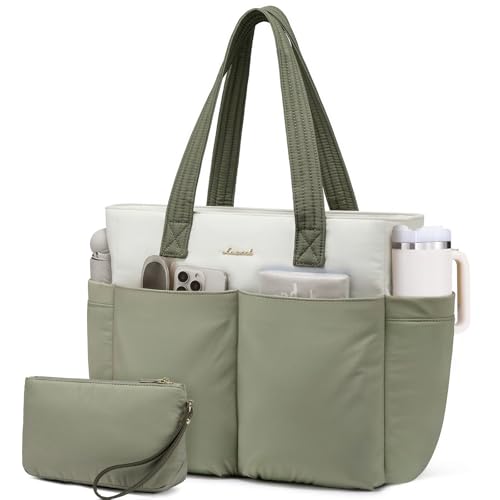 LOVEVOOK Puffer Tote Bag for Women, Lightweight Work Bag, Water-resistant Travel Tote Bag for Daily, Large Shoulder Bag with Zipper, Carry On Handbag for Teacher, Nurse, Gym, 2Pcs