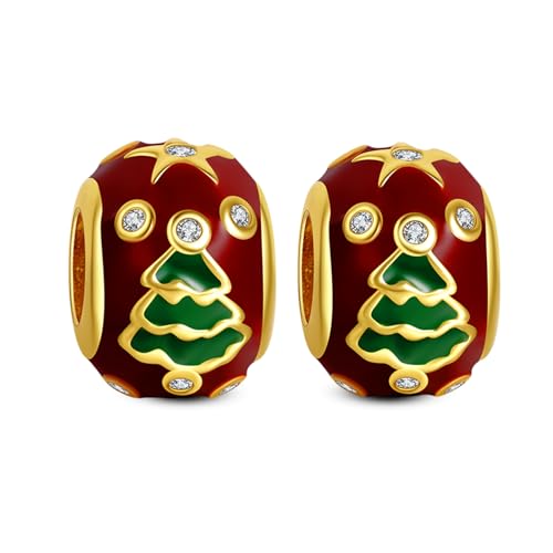 Annmors Christmas Tree Stopper Charms Abalorios Colgante Cuentas Plata Ley 925 con Circonita Compatible Europeo Pulsera Collar,Navidad,San Valentín,día de la madre,regalo para mujeres niñas 2 piezas