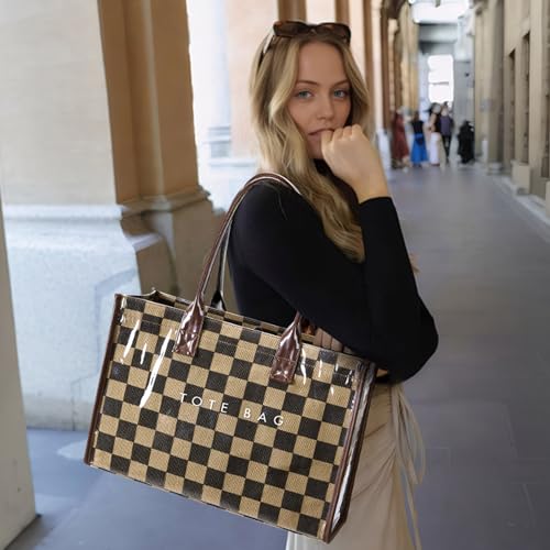 Image of KALIDI PVC Tote Bag Women's Kraft Paper Work Handbags Purses with Top Handle