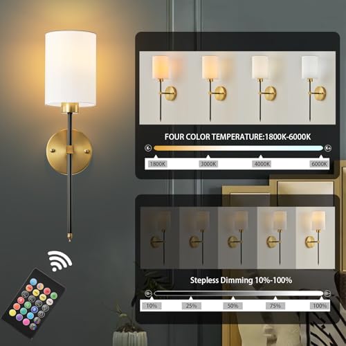 Image of Battery Operated Wall Sconce Set of Two, Wireless Rechargeable Wall Light With Remote Control, Dimmable, 4 Color Temperatures, RGB, Timer, for Living Room,Bedroom,Entryway, Black Gold, 20.6 Inch