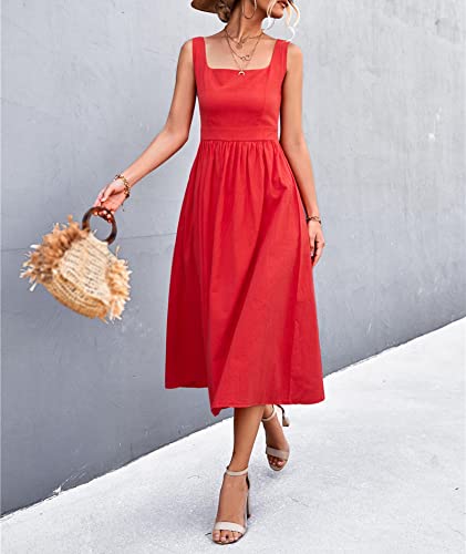 Image of xxxiticat Women's Square Collar Casual Dress Sleeveless Pleated A-Line Summer Beach Boho Elegant Backless Midi Dress