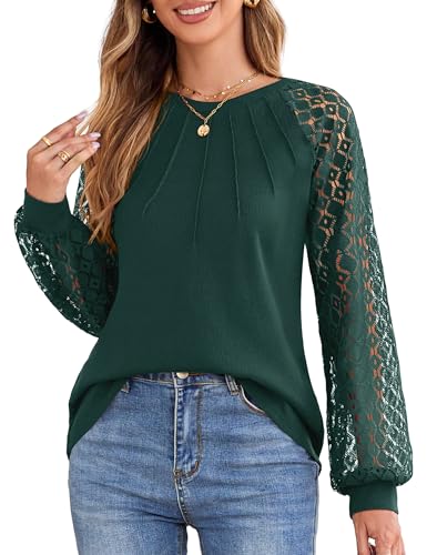 Florboom Oberteile Damen Elegant Spitze Shirt Einfarbig Langarm Bluse Tops,...