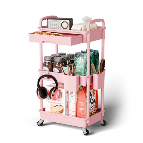 Image of Sorgion 3 Tier Rolling Cart Organizer,Laundry Room Bathroom Organizers and Storage Office Shelves Mobile Shelving Unit Kitchen Trolley Cart with Wheels for Art,Craft,Diaper,Bedside,Snack(Pink)