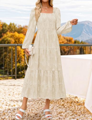 ZESICA Women's 2025 Fall Floral Midi Dress Long Sleeve Smocked Flowy Long Wedding Guest Vacation Dresses2