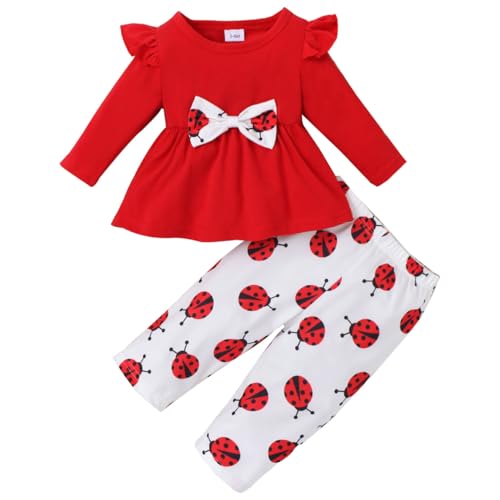 KONFEN Baby Mädchen Kleidung Outfit, Marienkäfer Langarm Top mit Schleifenknoten + Hose 2 Stücke Set, Langarm T-Shirts Hosen Kleidungsset Outfit Babykleidung Set Rot für 12-18 Monate