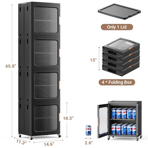 Image of BROVIEW 4-Tier Tall Narrow Storage Cabinet 14.6 inch Wide, Slim Bathroom Cabinets with Adjustable Shelves and Doors, Plastic Kitchen Pantry Organizers and Storages for Small Space, Laundry, Black