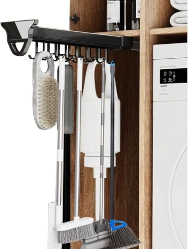 MIDUOLAI Soporte ExtraíBle Escoba Y Fregona con Ganchos Resistentes Sartenes Ollas Estantes para Gabinetes ExtraíBles Organizador Multifuncional para Escobas Y Trapeadores,Negro,510mm/20inch