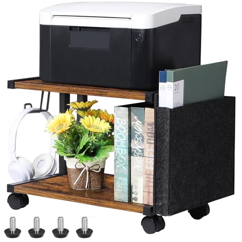 Shinoske Druckertisch mit 2 Ebenen Druckerständer rollbar aus Holz & Metall Druckerwagen mit Räder Druckerhalter Industrie-Design 45x29x33 cm für Drucker Scanner Fax Büro Zuhause (Braun)