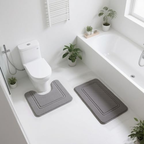 Aikenn浴室滑り止めフロアマットセット：U字型トイレマット+長方形フットマット。吸水性、速乾性、滑り止め、快適性、極厚、モダン、シンプル、洗濯機洗い可能 (40*50+40*60cm) (グレー)