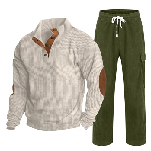 Conjunto completo de 2 piezas de sudadera de manga larga y pantalones deportivos de pana lisa para hombre, conjunto completo de chándal para hombre, #01 Verde militar, M