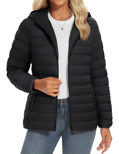 YUCOLEN Women's Puffer Jacket with Hood Lightweight Quilted Padded 4 Pockets Zip-up Coat Winter Jackets for Women Black Medium