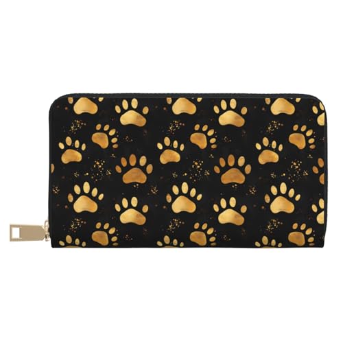 Dog Paw Gold Print Wallet Women Men, Long PU Leather Wallets for Women, Cute Womens Travel Wallet Purse Pouch with Zipper Pocket