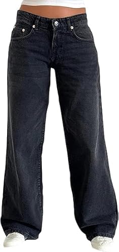 Women Y2K Low Rise Baggy Jeans Wide Leg Loose Fit Boyfriend Straight Leg Trendy Stretch Denim Pants Streetwear (US, Alpha, Large, Regular, Regular, Black)