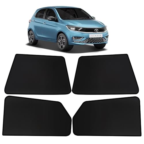 Image of OTO2EYE Car Sun Shade Compatible for Tata Tiago Model 2020 to 2025, Z-Black Fix Type Side Window Curtains, Only Half Cut in Front Window, 4 Pieces Set