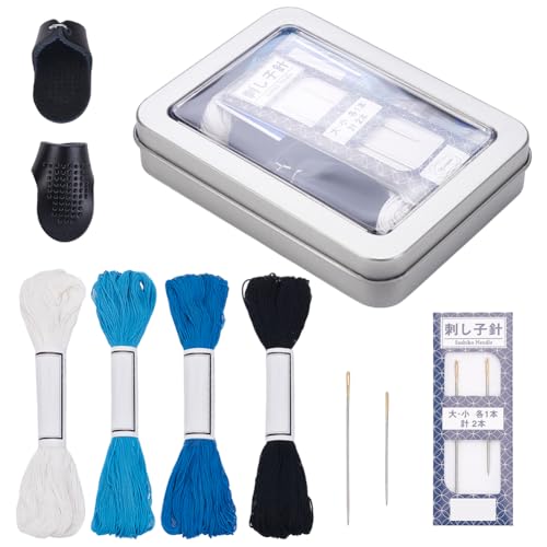 FREEBLOSS Komplettes Sashiko Set Mit 4 Farbe Sashiko Garn 2 Nadeln 2 verstellbaren Fingerhüten Sashiko Werkzeugen Zum Nähen von Hand Sashiko Set Sashiko Garn Und Nadeln Fingerhüten Für Nähanfänger