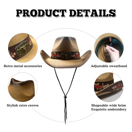 Image of Cowboy Hats for Women, Brown Cowgirl Hats Classic Straw Western Hats for Women Music Festival Party Beach.