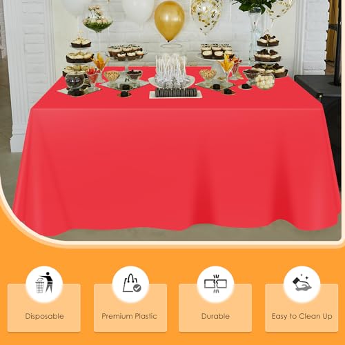 Image of tujol Red Disposable Plastic Table Cloth Roll 54 inch X 100', Plastic Table Cover with Cutter Box, Cut to Size Disposable Tablecloth for Parties