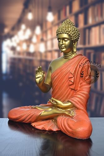 Image of Beautiful Sitting Buddha Idol Statue for Home & Garden Living Room | Healing Spirit Blessing Buddha Statue - 15 Inch Size (Golden + Orange)