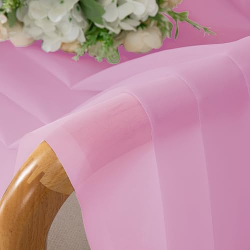 Image of Chyhomenyc Pink Sheer Curtains 45 Inch Long 2 Panels, Light Filtering Rod Pocket Voile Short Curtains Drapes for Bedroom Small Windows, 42Wx45L Inches