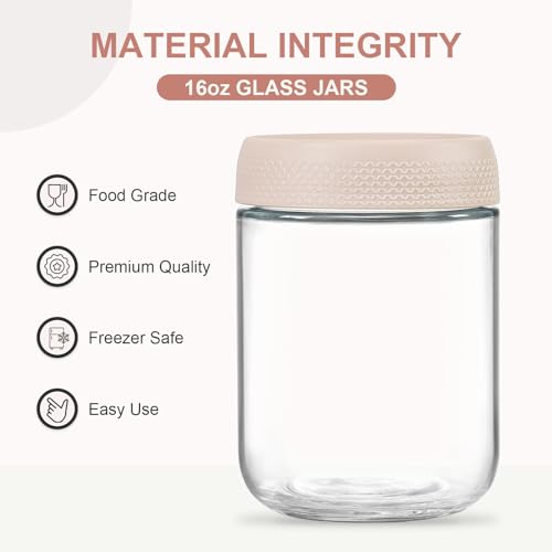 Image of NETANY 6-pack 16oz Glass jars with Airtight Lids, Overnight Oats Containers with Lids, Wide mouth Mason Salad jars, Glass Food Storage Containers for Snacks Yogurt Spice Sugar-Beige