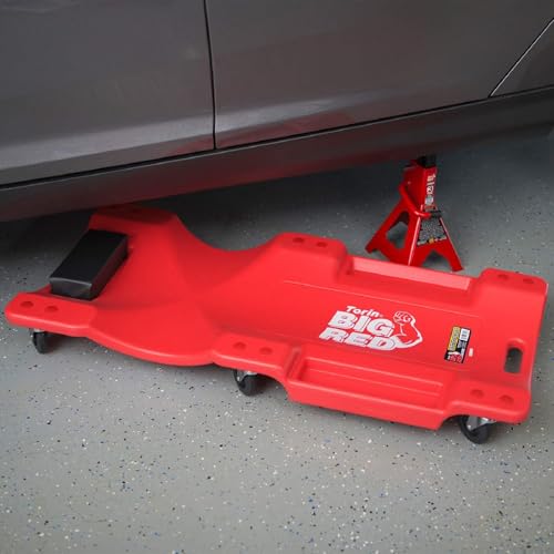 Image of Big RED Plastic Rolling Garage /Shop Creeper: Dual Tool Trays and 6 Casters, Red，40 inch Mechanic Cart with Padded Headrest