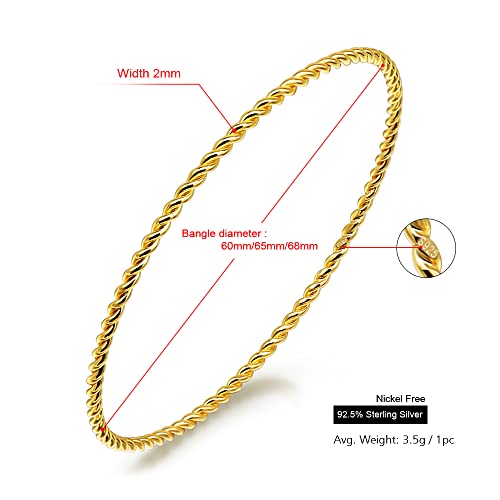 Meilanduo 925 Sterling Silver 2Mm Round Twisted Cable Wire Bangle Bracelet - Delicate Dainty Twist Cable Bangle - For Women Girls (2Pc Gold-Tone, 65Mm For Medium Wrist) #TOP2