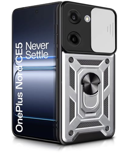 Image of WOW IMAGINE Tough Armor Bumper Mobile Back Case for 1+ OnePlus Nord CE 5 5G | Sliding Camera Shield Cover | Shock Proof 360 Protection | Hybrid PC + TPU | Ring Holder with Kickstand - Silver