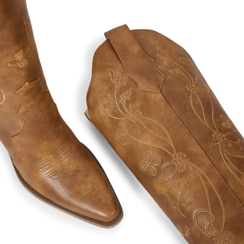 Image of wetkiss Women's Pointed Toe Cowboy Boots | Knee High Cowgirl Boots, Retro Embroidery, Chunky Heel, Pull-On, Style for a Classic Western Look,Stable and Comfortable