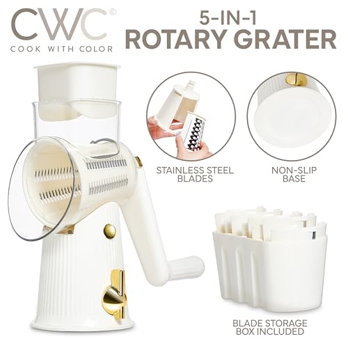 COOK WITH COLOR Rotary Cheese Grater with Handle - Counter Cheese Grater Suction Base with Hand Crank - 5 Blade Cheese Shredder - Easy to Use Manual Vegetable Chopper and Mandolin by COOK WITH COLOR - Image 2