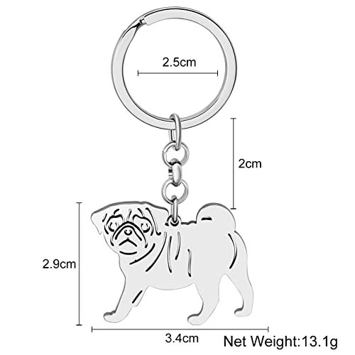 NEWEI Edelstahl Hund Schlüsselanhänger Cute Pet Hund Schlüsselanhänger für Frauen Mädchen Geldbörse Autoschlüssel Charms (Versilberter Mops)