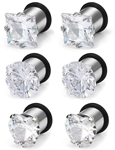 Vsnnsns VSN0924 0G 316L Surgical Stainless Steel Cubic Zirconia Ear Gauges Plugs Tunnels Taper Stretching Kit Expander Piercing Jewelry For Women Men 8Mm Circular Cz Square Cz Heart Cz 0 Gauge Silver 3 Pairs cover