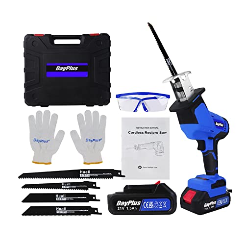 21V Akku Säbelsäge mit 1x 1500mah Akku, 3000 U/min, 4 Sägeblätter für Holz, Metall, PVC, Werkzeugloser Blättwechsel, mit Akku und Ladegerät