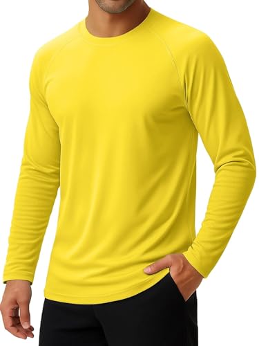KINGFEN Mens Rash Guard Shirts Long Sleeve Workout UV Sun Protection Swim Shirt Quick-Dry SPF Moisture Wicking Lightweight T-Shirts Yellow